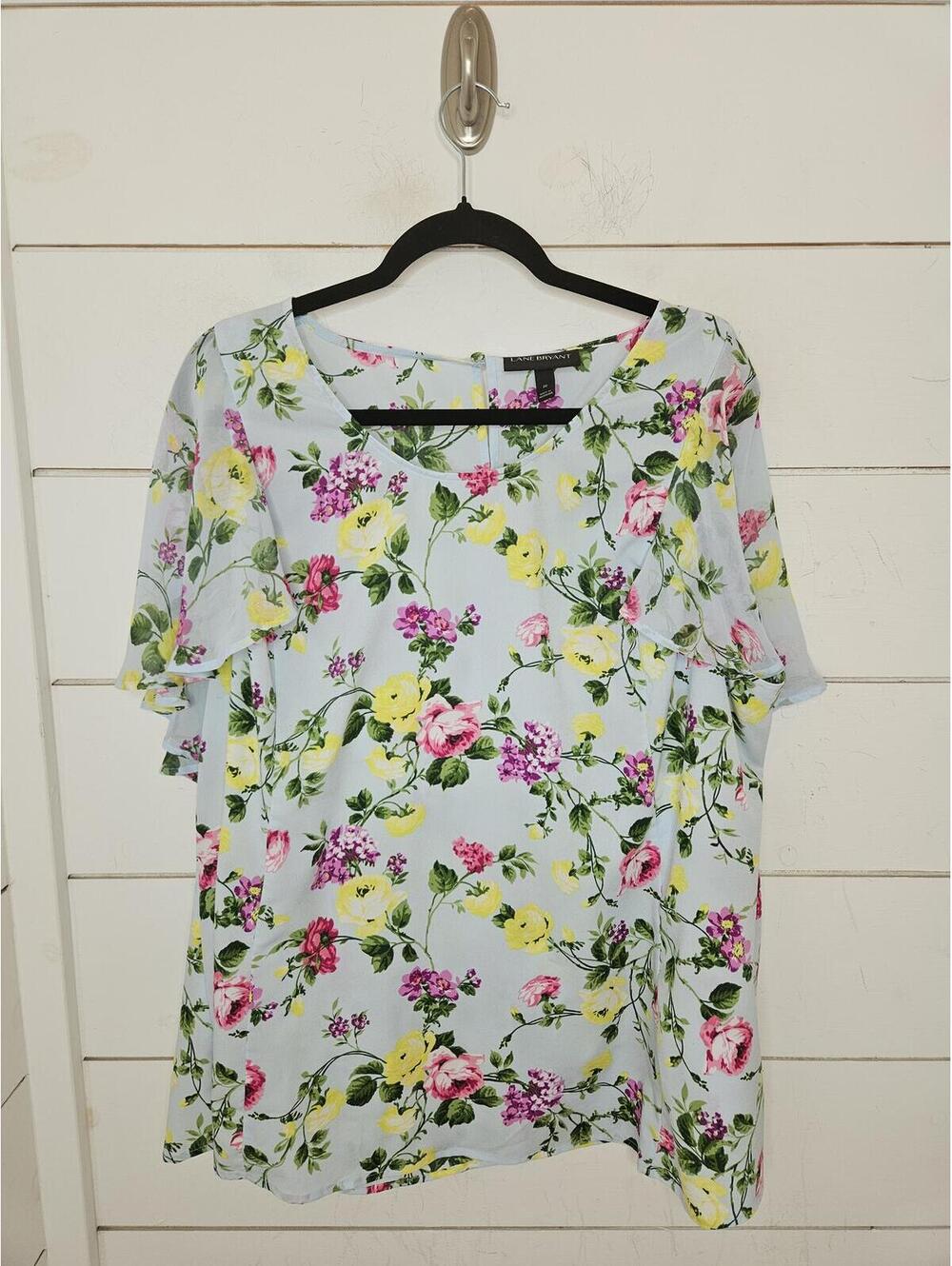 Lane Bryant Size 20 Blue floral blouse with sheer flutter sleeves